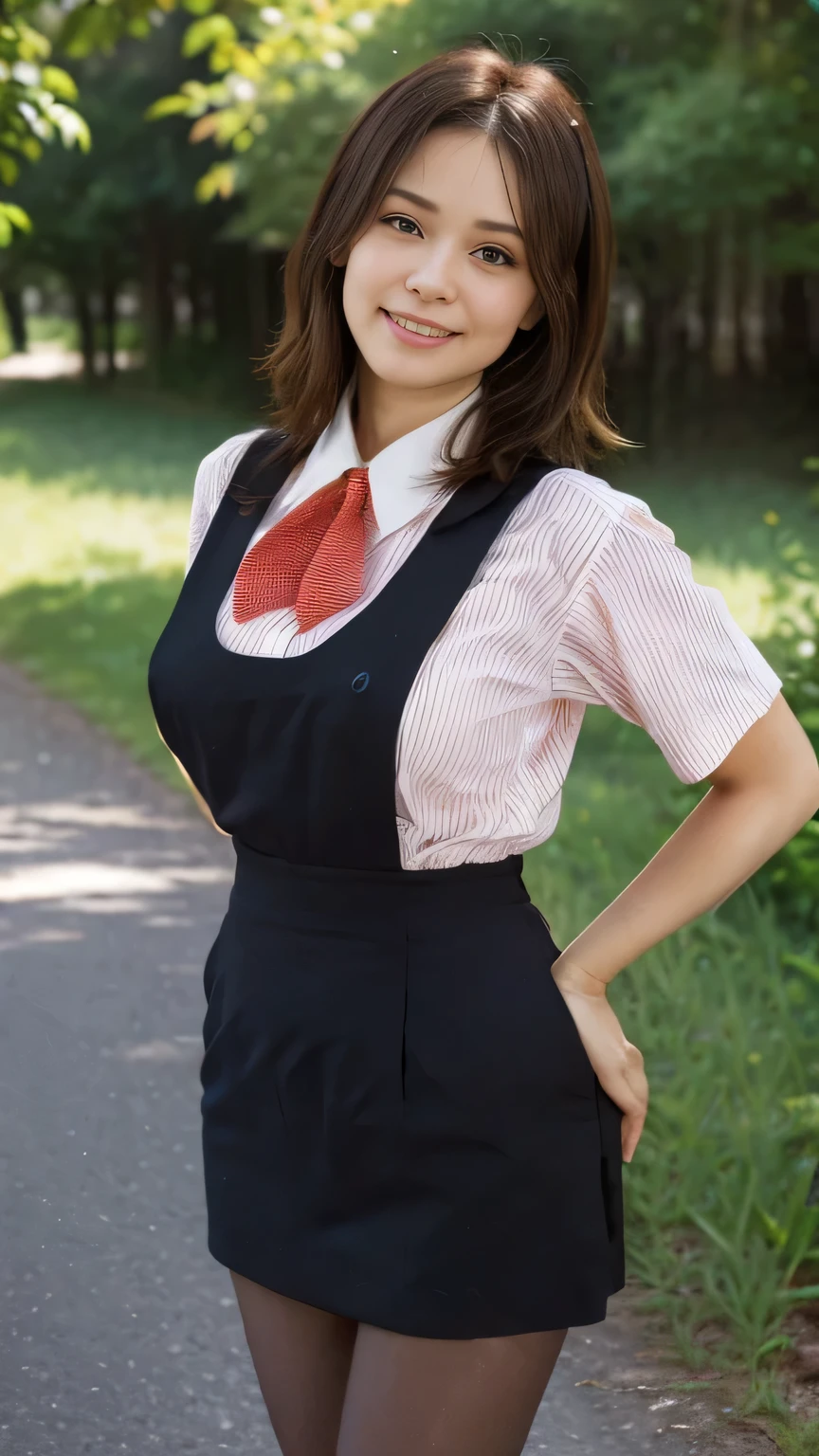 Highest quality、8k、masterpiece、Ultra-high resolution、Clear photos、Professional Lighting、Natural light、Realistic,、Highly detailed skin、Perfect Anatomy、(Beautiful Hands)、(Beautiful fingers)、One Woman、 25、Bab8、Large Breasts、(Large areola)、Glamour、Bob Hair、Brown Hair、Beautiful Hair、smile、Star Uniform、Black vest、Short-sleeved shirt、Black tight mini skirt、((Perfect Pantyhose:1.2))、((Black Pantyhose:1.1))、Plateau scenery、On the hiking trail、Attractive pose