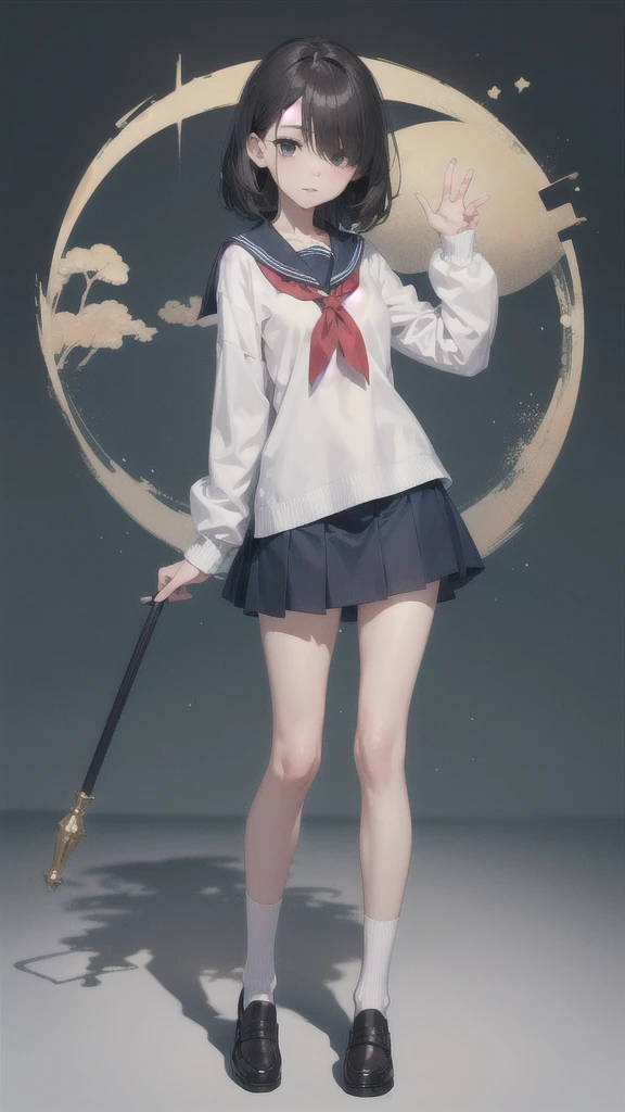 We can see the girl's whole body.
She stands at attention.
She bends her wrists.
She is 18 old.
She is medium height.
She has one eye dark haired
She has black eyes. 
She has two arms.
She has two legs. 
She has five fingers on her right hand.
She has five fingers on her left hand.
She wears nothing on her face.
She wears a dark blue and white sailor suit. 
She wears a dark blue mini skirt. 
She wears a white underwear.
She wears white socks.
She wears brown loafers. 
it is nothing green background.