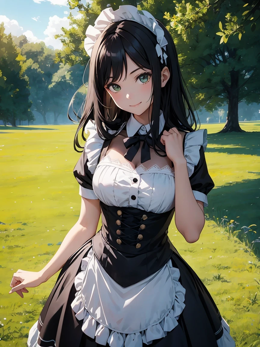 ((Top Quality)), ((Excellent)), (Details), ((Japanese)), Ultra-Realistic, Stunning Environment, Vivid Colors, , Black Hair, (Young Face), ((Straight Hair)), Shiny Hair, Big Breasts, ((White Maid Outfit)), ((French Maid)), ((White Brim)), ((from_side)) , ((From Above)), ((Blue Eyes)), Half-Smiling, ((topless)), Upper Body, Shiny Hair, Blunt Bangs, ((big Breasts)),((Emphasized Cleavage)) , ((Leaning Forward)), ((Blue Eyes)), Masterpiece, Ultra-Realistic, ((Upper Body)),((topless)), Outdoors, Grassland, Flower Field, Natural Light, Vivid Colors,((topless))