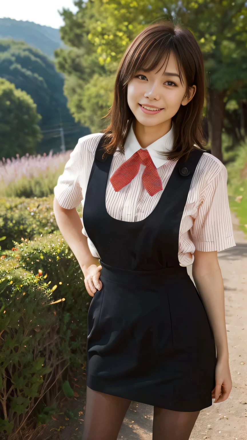Highest quality、8k、masterpiece、Ultra-high resolution、Clear photos、Professional Lighting、Natural light、Realistic,、Highly detailed skin、Perfect Anatomy、(Beautiful Hands)、(Beautiful fingers)、One Woman、Age 25、Baby Face:1.8、Large Breasts、(Large areola)、Glamour、Bob Hair、Brown Hair、Beautiful Hair、smile、Star Uniform、Black vest、Short-sleeved shirt、Black tight mini skirt、((Perfect Pantyhose:1.2))、((Black Pantyhose:1.1))、Plateau scenery、On the hiking trail、Attractive pose