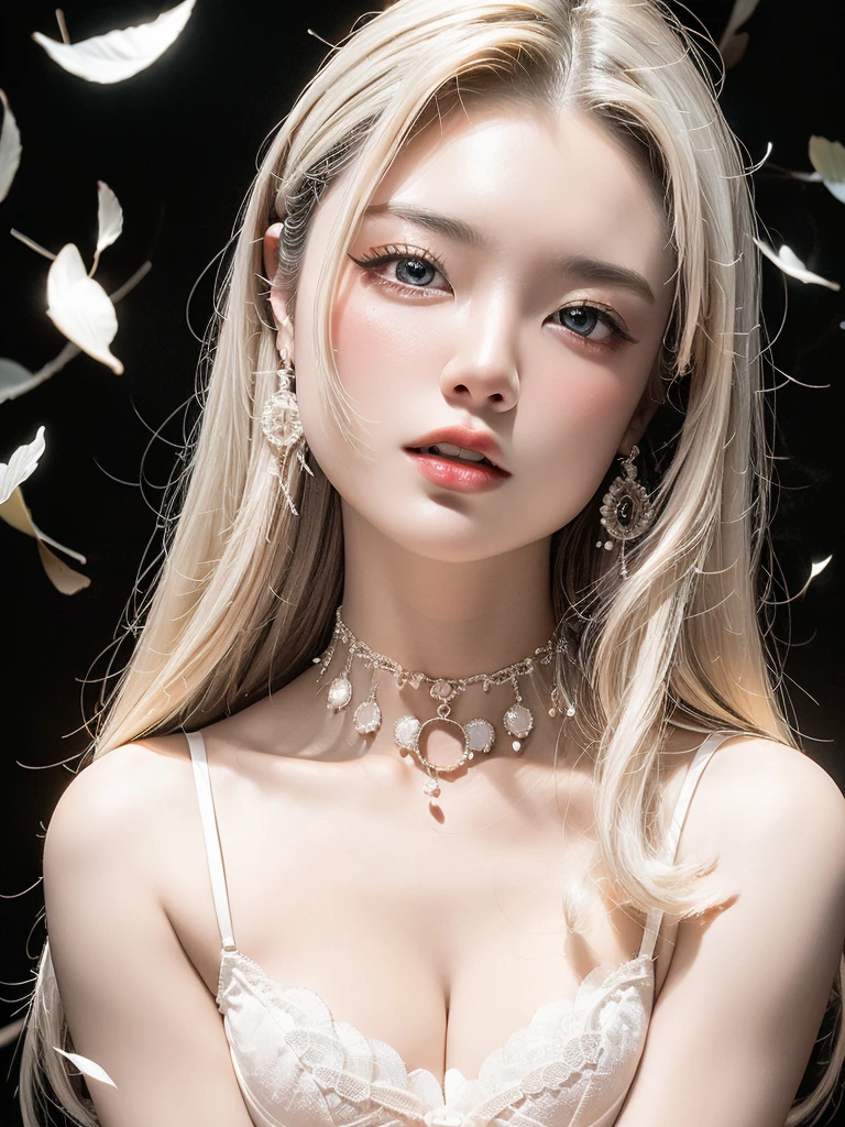Dark Black Background、Professional Lighting、(((Professional Lighting 1.5)))、Translucent skin texture、Beautiful Skin、Beautiful Skin、、(((Whitening 1.5)))、White Bra、See-through、、Ecstasy of Musical Notes、((White Bra1.5))、See-through1.5、Bust up photo、Simple earrings and necklace、Fluttering Hair、blonde long hair, big boobs, blondie, Black background, candle lighting