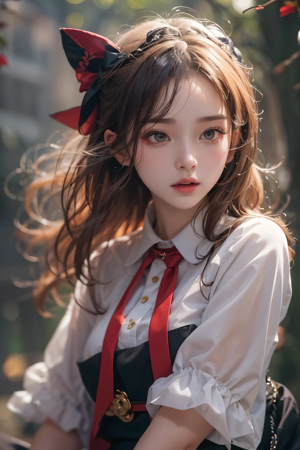 full body shot（Detail：1.4），(19 year old beauty:1.6),perfect face, High level image quality、8k、real live action、original photo、top quality、masterpiece, high resolution（panoramic：1.2，full body woman love：1.2） (:1.2) Filter  is correct, perfect proportions, Beloved, 아름답고 검정색 shot 머리카락, shot, Maximum sharpness and clarity,Her outfit had a black base with a red border., Wearing a pure white shirt inside her clothes, wearing a thin red tie. She wore a black skirt like Mai&#39;s.. wearing fishnet stockings, It has small bat wings on its back., Her fangs are sticking out cutely. Her face has a cute expression, but there are blood stains on her face.. mouth open. 
