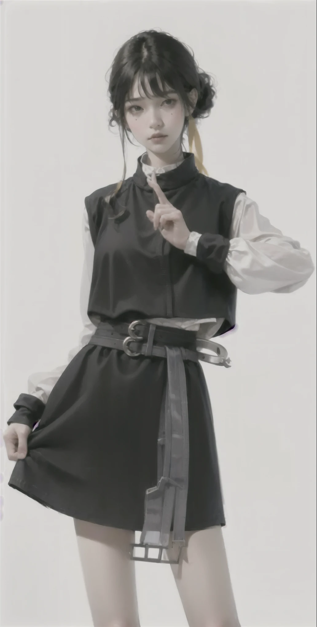 masterpiece, Top quality, Cowboy lens，Women&#39;s Focus，（1 Girl，solo，White background，Simple background，Hair Bun，Black Hair，skirt，belt，Looking at the audience，earrings，Jewelry，Long sleeve，Hammerhead，黑色skirt，Standing，Realism，Lips，Bangs，belt，中国风skirt，skirt上的竹叶印花，belt，index finger raised，permanent, Looking at the audience,Shut up,，Simple background，Solid color background，Light background