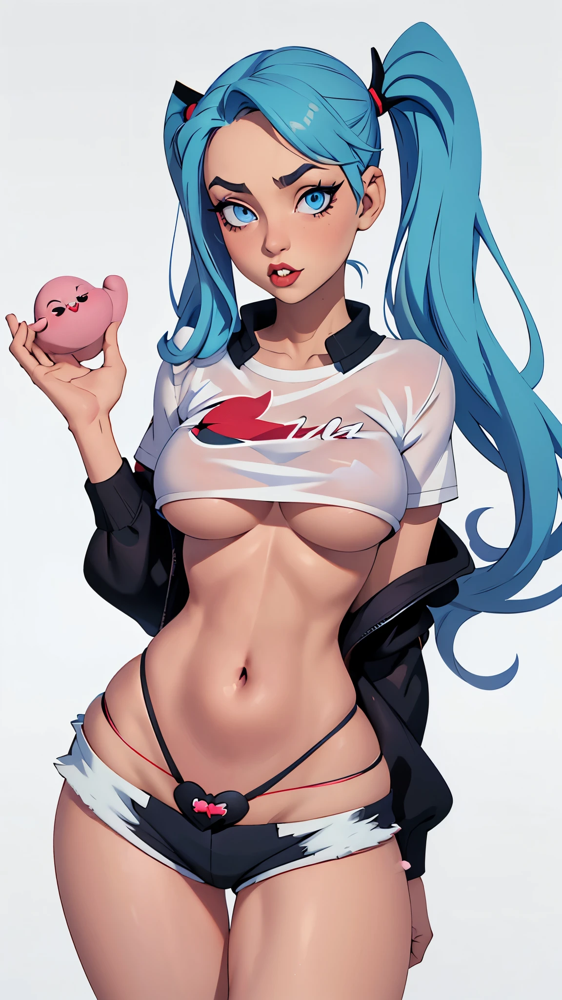 Harley Quinn, twin-tailed hair, blue eyess, a navel, Look at viewers, put hands behind back, Black jacket, Dolphin Shorts, sexy, (white  shirt:1.2), wet see through shirt, wide waist, busty, thick thighs, Harley Quinn inspired makeup,
underboob showing, able to see nipples through clothes,
big\(BodyProportions\),