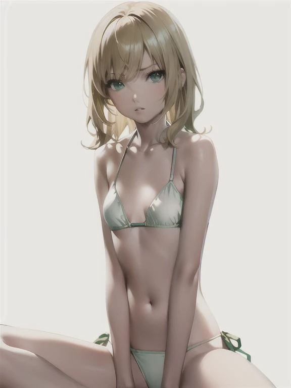 best quality, photorealistic, 8k, high res, 1girl, woman, (skindentation), (portrait:0.6), gorgeous, ((whitebackground, green bikini, small breast:1.75)), (short wavy blonde hair, parted bangs:1.6), looking at viewer, (1girl eyes looking at viewer:1.6), photorealistic, (bokeh), (floating hair, parted lips, closed mouth:1.3), pureerosface_v1:1, slim, thin, blonde reflected light, green bikini, blue eyes, shiny light hair, collarbone, silky shiny skin, sexy pose, collarbone, navel, sitting, spread legs