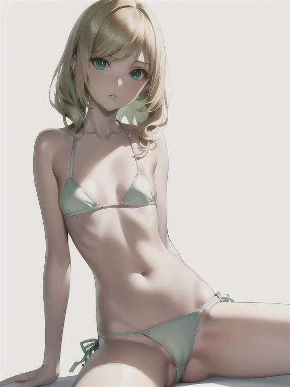 best quality, photorealistic, 8k, high res, 1girl, woman, (skindentation), (portrait:0.6), gorgeous, ((whitebackground, green bikini, small breast:1.75)), (short wavy blonde hair, parted bangs:1.6), looking at viewer, (1girl eyes looking at viewer:1.6), photorealistic, (bokeh), (floating hair, parted lips, closed mouth:1.3), pureerosface_v1:1, slim, thin, blonde reflected light, green bikini, blue eyes, shiny light hair, collarbone, silky shiny skin, sexy pose, collarbone, navel, sitting, spread legs