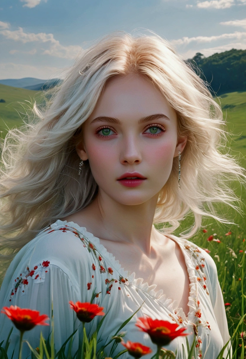 ((Highest quality, masterpiece, Esoteric)), ((Super Resolution)), Green grassland, Calm grassland, Mysterious Landscape, Colorful flowers, Platinum Blonde Hair, Pale red eyes,