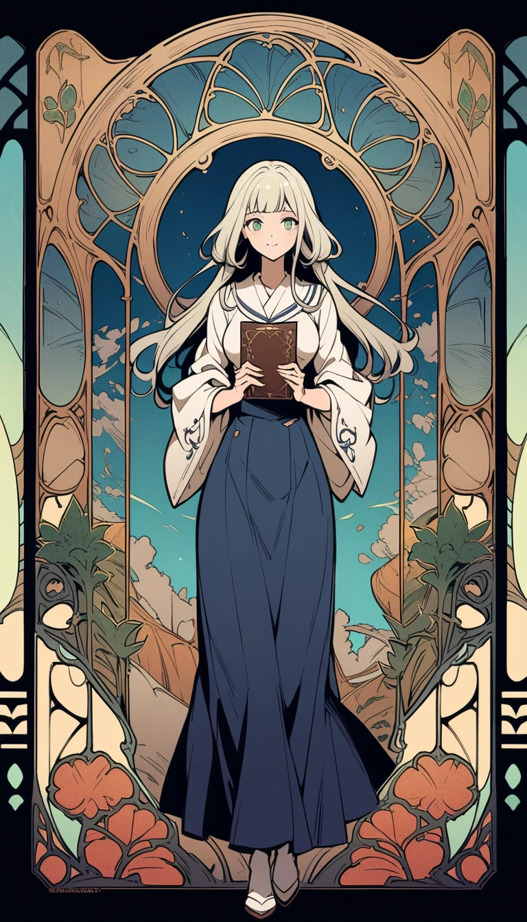 ((best quality)) , ((masterpiece)) , (detailed),A beautiful school girl, with a white shirt and navy blue skirt, long hair with bangs, green eyes, holding books in her hands, standing by the window on a sunny day, with a happy facial expression, in a full body shot, in the style of Makoto Shinkai.,(art nouveau style , elegant, decorative, curvilinear forms, nature-inspired, ornate, detailed)