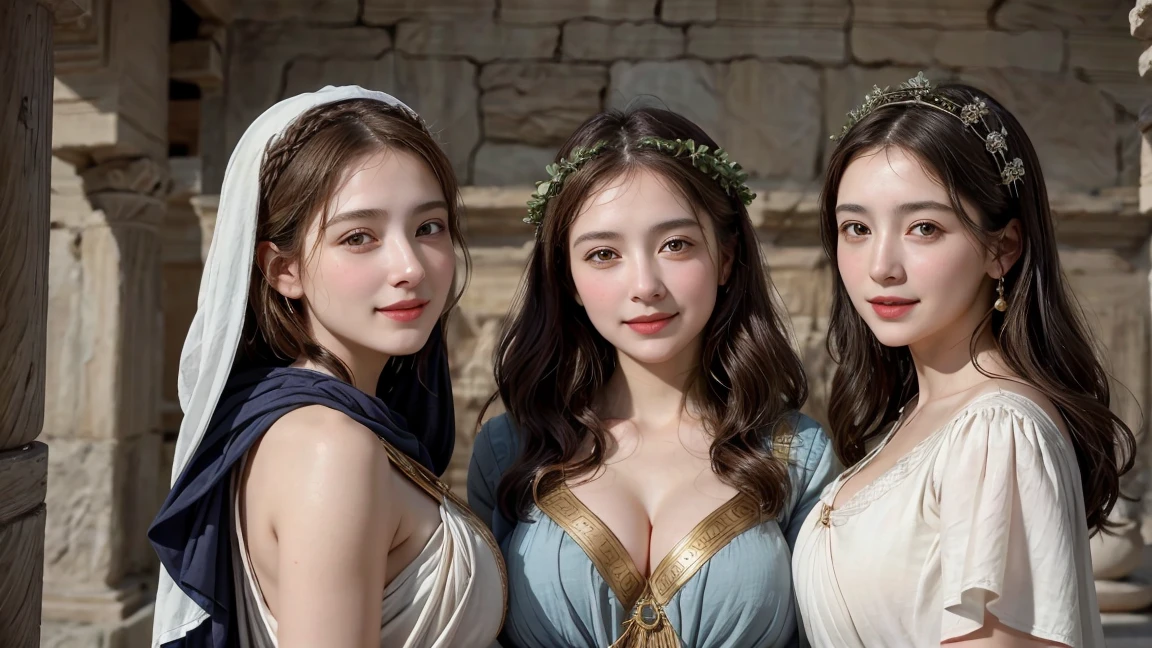 ( 3 girls)ancient greek woman, ancient greek clothing, woman, pure smile, Caravaggio&#39;s paintings, flower, fruit, big breastsต๋อง ,Caravaggio Chiaroscuro, dark background(((The chest is erect.:1.0)))(((round chest:1.0)))(((big breasts:1.2)))