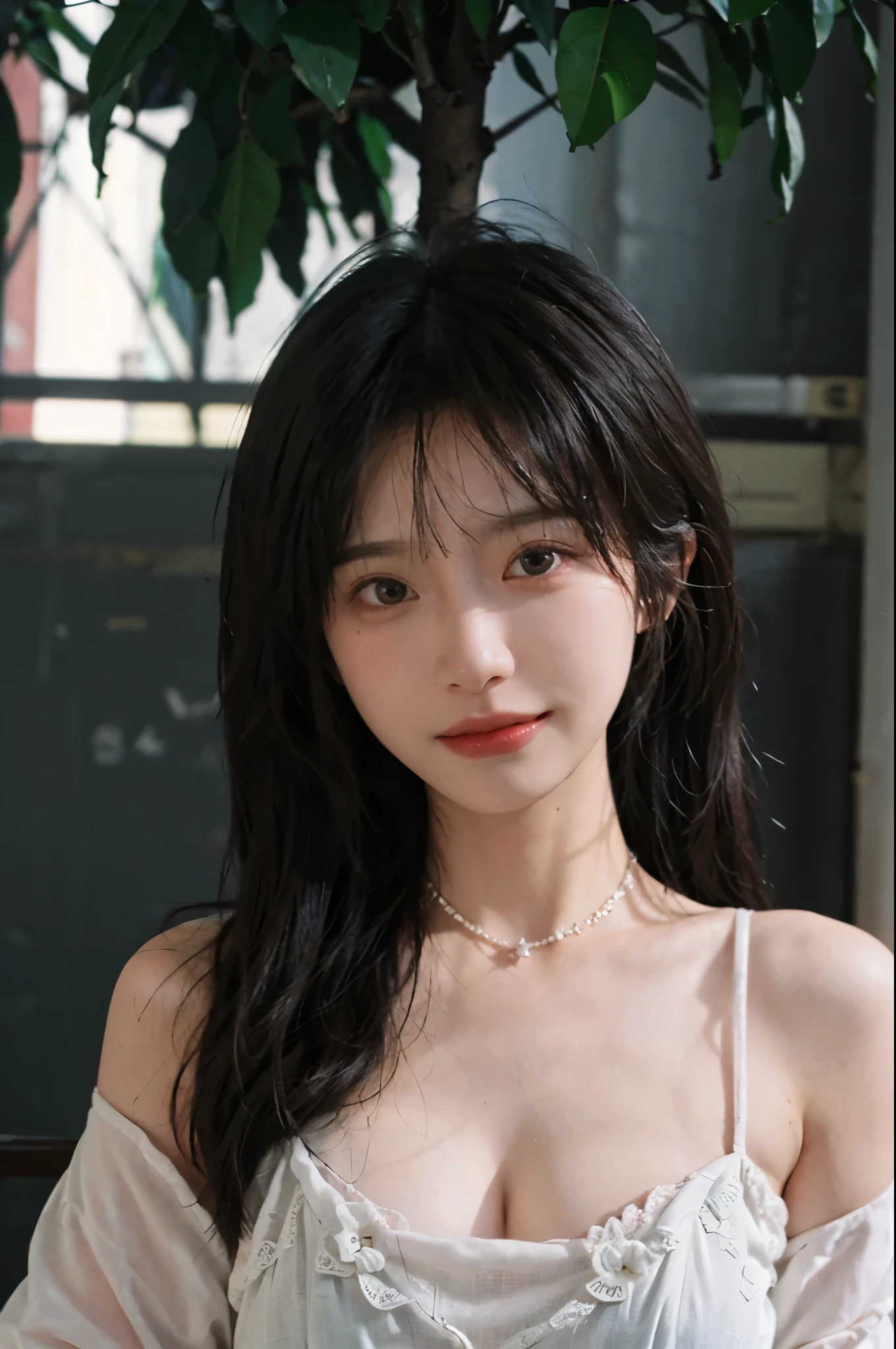 best qualtiy, Ultra-high resolution, (realisticlying:1.4),cute hairpin,Baoyu Girl,European style apartment,(flatchest:1.2) ,A pair of clear and moving peach blossom eyes,Royal Sister,sunshine on face,Big waves,(ln the forest:1.4),(choker necklace:1.2),(Fair skin:1.4),a sense of atmosphere,a beauty girl, ssmile,head straight-looking at viewer, closeup cleavage ,(Photorealistic:1.4),1girll,sexly,(Upper body:1.4),(Wet body),(:1.2)