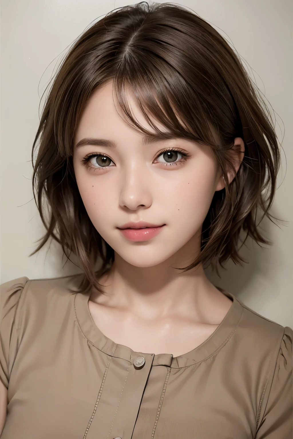 Masterpiece hyperrealist & Photorealistic beautiful girl, Realistic Skin, Light brown short hair,Punk Girl, Little Smile、(head shot:1.5), Short sleeve skipper shirt blouse,