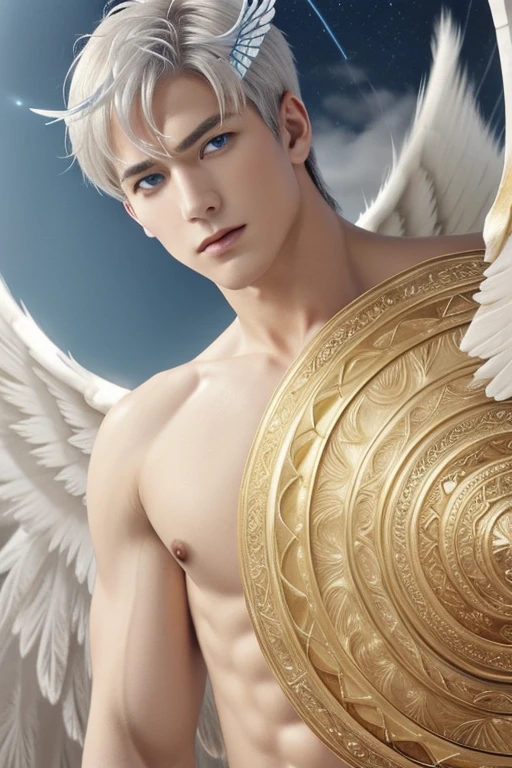 Full body shot (close-up:1.5),muscle,menstoga,in white and gold costume, male focus, solo, 1boy, (bare shoulders),looking at viewer, ice blue eyes,,(Seraphim:1.5), (multiple wings:1.5), in the sky, (floating:1.3), (midair:1.5), cloudan with wings), angel wings, glowing, bloom, platinum hair, outdoors, stars,golden feathers, (gold magic swirling),(Masculine face:1.2), half body shot