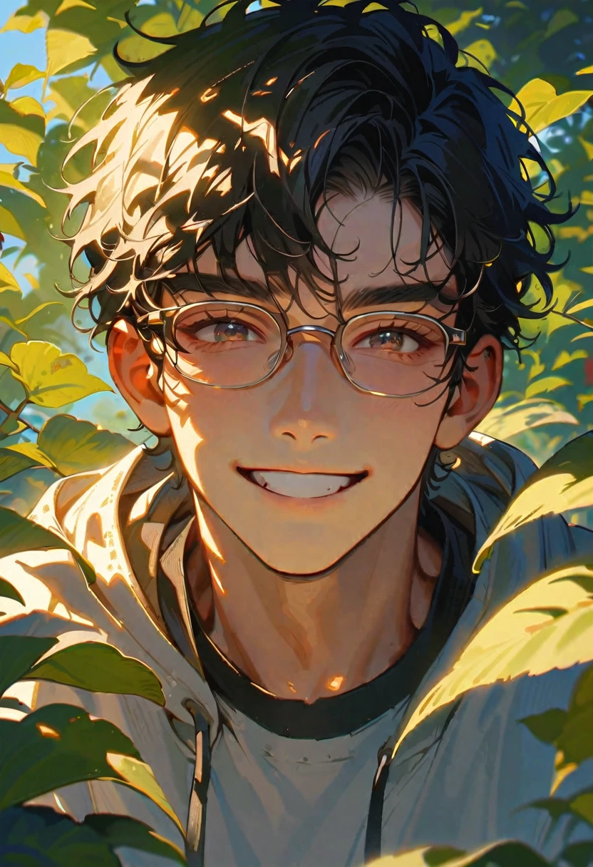 Close-up, bust, {{Two handsome young men}} , {{A blonde man and a black-haired man with glasses}} , Wearing a shirt and hoodie, smile, Nature background, Soft Light, high quality, {{Very detailed}}, masterpiece,leaf,Shadow of the Sun