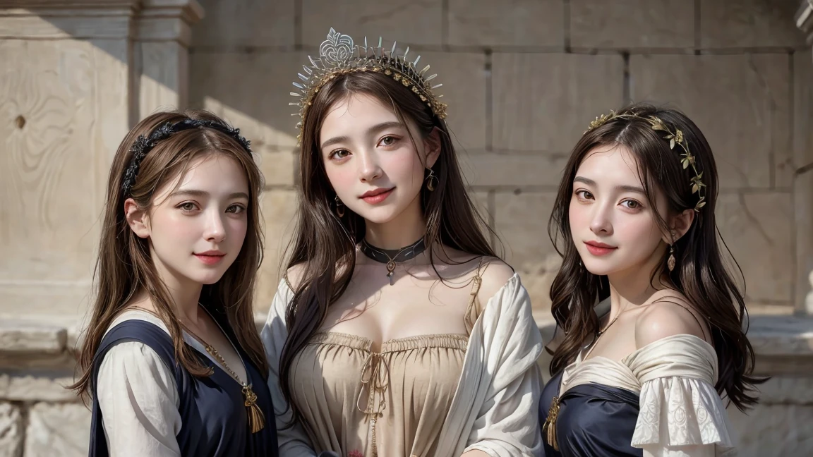 ( 3 girls)ancient greek woman, Ancient Greek clothing half body, woman, pure smile, Caravaggio's paintings, flower, fruit, big breastsต๋อง ,Caravaggio Chiaroscuro, dark background(((The chest is erect.:1.0)))(((round chest:1.0)))(((big breasts:1.2)))