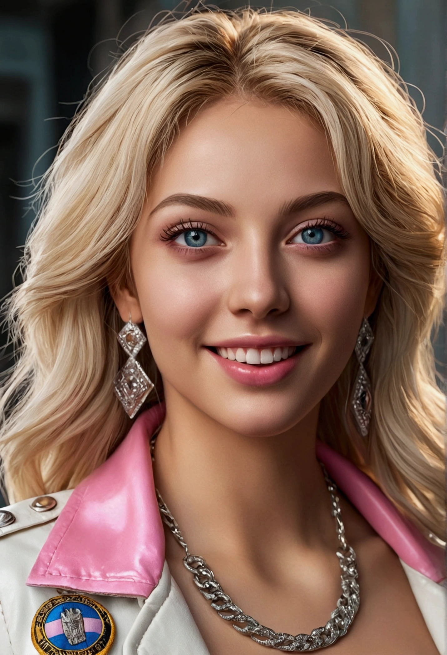 Hyper realistic faces and eyes, The Zeus World as she is the creator of light, tower view, looking full body her, blonde pretty woman dressed in a slim white pink mini t-shirt, hyperdetailed faces and best eyes, diamond bikers jacket with BBM flag patch, slim white string thong, smiling very sensual, detailed contours and features, hallucinatory intricately detailed, very very sensual, Hyper detailed faces, Hyper realisti eyes and teeth, masterpiece, atmospheric, High resolution, Vibrant, Clear colourful , 18k, HDR,