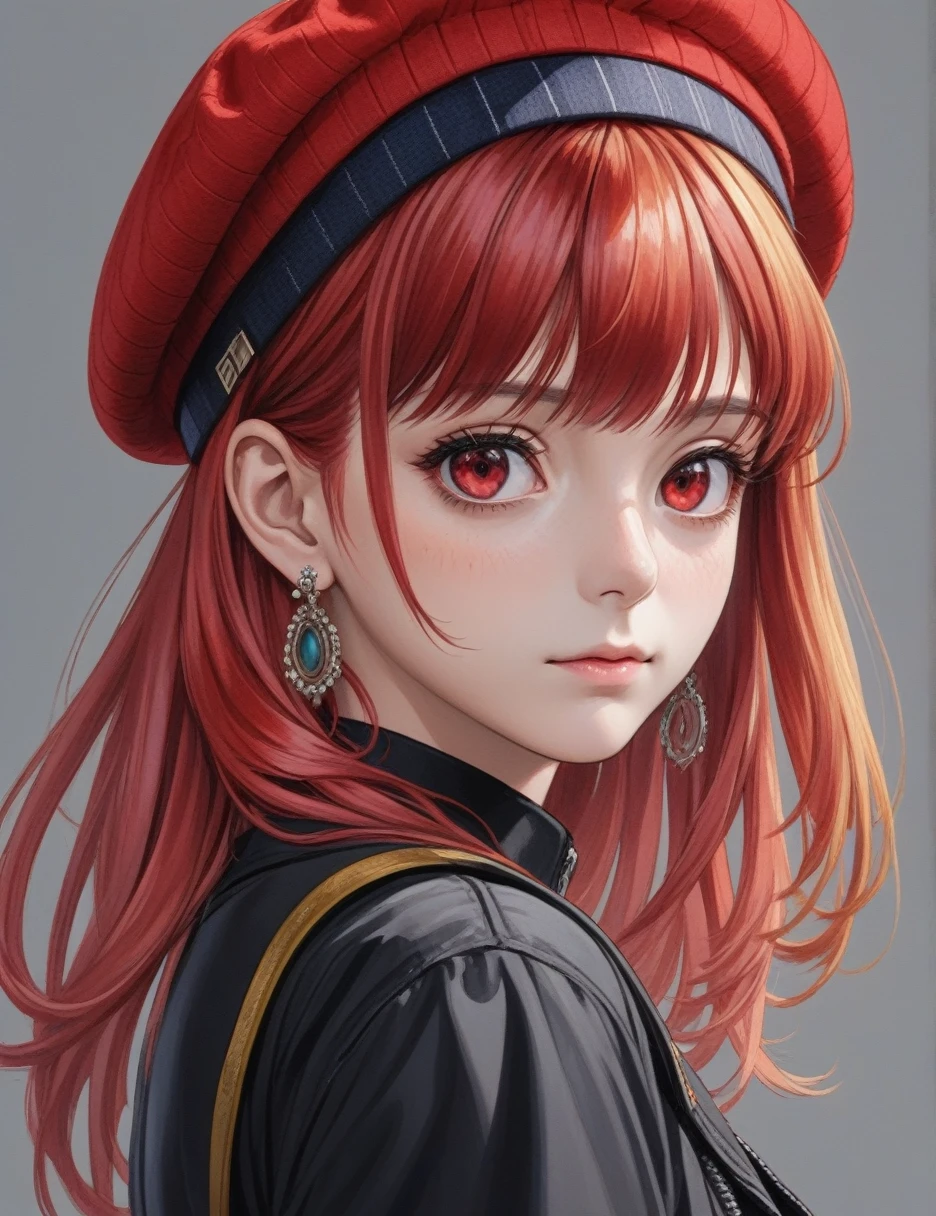 masterpiece, highly detailed, best quality, 1girl, looking at viewer, solo, red hair, multicolored hair, streaked hair, medium hair, hair over shoulder, red eyes, blunt bangs, hairband, earrings, beret,