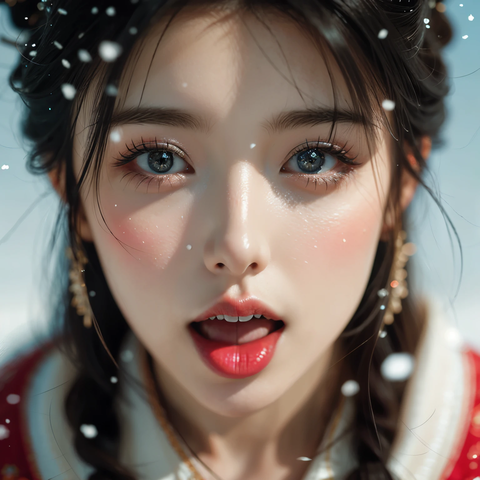 ExtremelyDetailed Kawaii girl Face (Close-up of KissableTongue)((Kissing to Camera)) glossy lips with beautiful details, Detailed Hair Flow Delicate Clothing Textures, extremely delicate and beautiful (TopQuality Masterpiece of 8K Ultra-detailed(ProfessionalPhoto:1.37)), {Amazing|finely detail|official art|incredibly absurdres} (close-up:1.22), fish eye lens (wide lens) macro lens, Detailed reflective Eyes with (sparkling highlights:1.28) Detailed(Voluminous LongEyelashes:0.88), {from Above|Visible back of throat|String of saliva drip}, (naked shoulder:1.32), Dripping(WhiteJuice on tongue:1.28) snow particles
