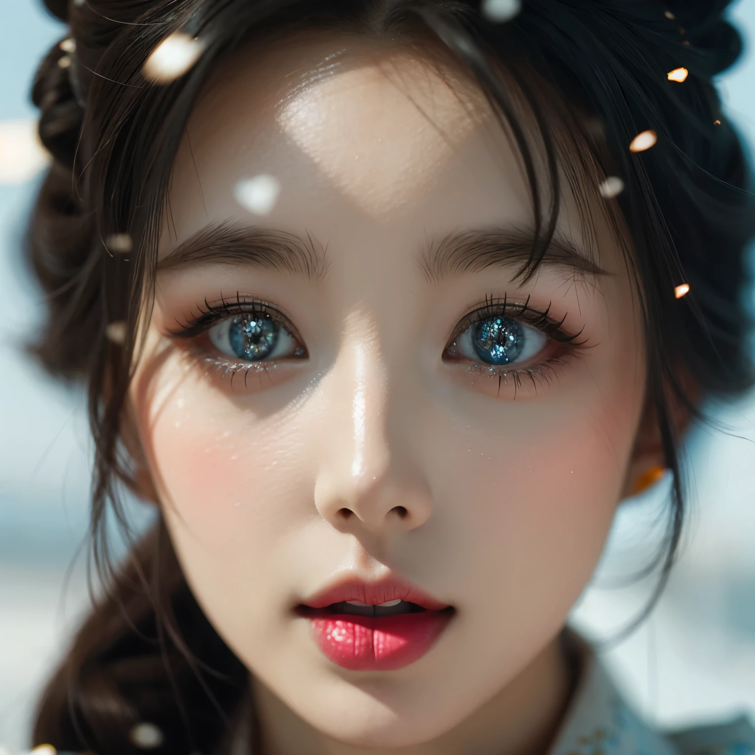 ExtremelyDetailed Kawaii girl Face (Close-up of KissableTongue)((Kissing to Camera)) glossy lips with beautiful details, Detailed Hair Flow Delicate Clothing Textures, extremely delicate and beautiful (TopQuality Masterpiece of 8K Ultra-detailed(ProfessionalPhoto:1.37)), {Amazing|finely detail|official art|incredibly absurdres} (close-up:1.22), fish eye lens (wide lens) macro lens, Detailed reflective Eyes with (sparkling highlights:1.28) Detailed(Voluminous LongEyelashes:0.88), {from Above|Visible back of throat|String of saliva drip}, (naked shoulder:1.32), Dripping(WhiteJuice on tongue:1.28) snow particles 
