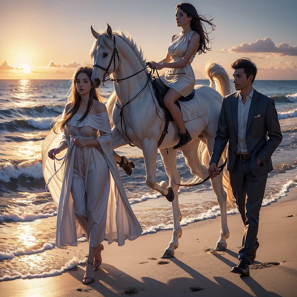 Man holding a woman, walking with white horse on beach ,Sunset on background ,