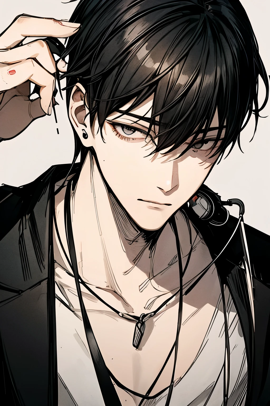 Type M, Black Hair, Boys、Wolf Cut, Slanted eyes, earphone, 