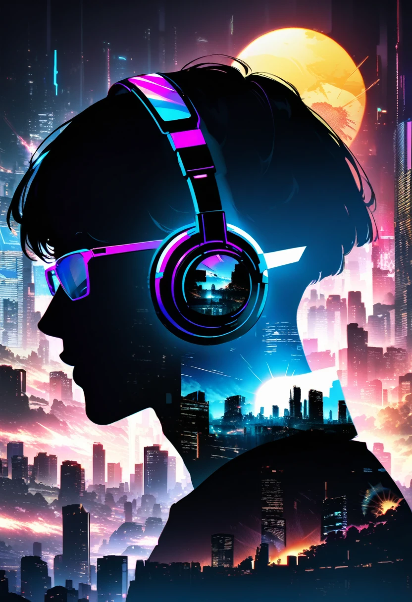 silhouette of a man in profile. short hair, (((sun glasses:1.3))), (headphones:1.3), Inside the silhouette you can see the with a deep cyberpunk, city, supernova explosion, cyberpunk night city back ground(masterpiece), ((double exposure)), proportional.,DOUBLE EXPOSURE