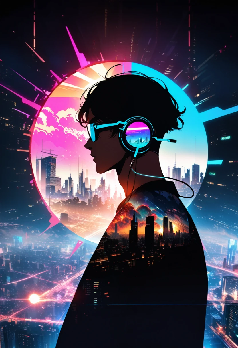 silhouette of a man in profile. short hair, (((sun glasses:1.3))), (headphones:1.3), Inside the silhouette you can see the with a deep cyberpunk, city, supernova explosion, cyberpunk night city back ground(masterpiece), ((double exposure)), proportional.,DOUBLE EXPOSURE