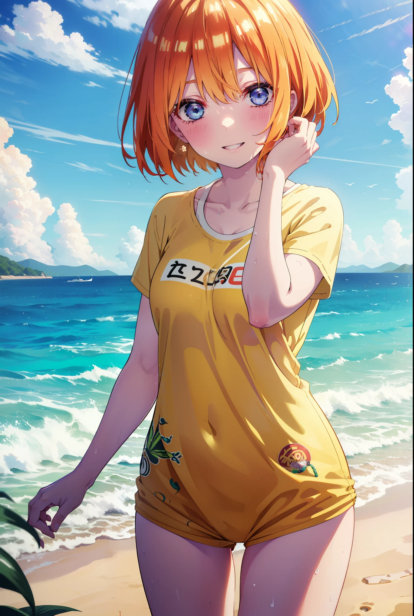 Yotsubanakano, Fourth floor Nakano, bangs, short hair, blue eyes, Hair between the eyes, Orange Hair, smile, Grin,Green T-shirt,Short sleeve,Yellow bikini swimsuit,barefoot,Wet swimsuit,Wet Skin,Wet Hair,whole bodyがイラストに入るように,
break outdoors,Ocean,Beach,
break looking at viewer,whole body, (Cowboy Shot:1.5),
break (masterpiece:1.2), Highest quality, High resolution, unity 8k wallpaper, (figure:0.8), (Beautiful attention to detail:1.6), Highly detailed face, Perfect lighting, Highly detailed CG, (Perfect hands, Perfect ???????),