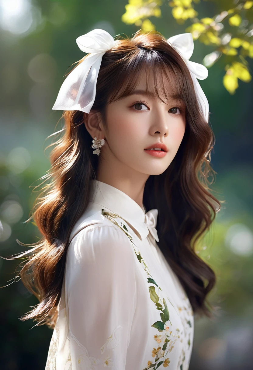 (masterpiece), (最high quality), (Very detailed), (Best Shadow), (photoRealistic:1.4), Frilled blouse, skirt, white ankle socks, (((((A long shot of a woman walking slowly))))), White floral dress, (Bright interior), (Soft Light), (Low contrast), (Shallow depth of field), (portrait of a beautiful woman illuminated by gentle light), (Very delicate and elegant depiction), (Short bangs), (Hair color is dark chestnut with a slight brown tinge), (Hair with subtle and gentle waves), (Small, intricate braids on the side of long hair), (Decorated with thin ribbons), ( White blouse with small frills), (bow tie), (青いロングskirt), (White short ankle socks), Cinema Lighting, One Girl, 16 years old, high quality, masterpiece, Very detailed, High resolution, 4K, 超High resolution, Detailed Shadows, Ultra-realistic, Dramatic lighting, One Girl, alone, Detailed face, Realistic eyes, Realistic Skin, Dynamic Hair, Dynamic pose, Dynamic Angle, White floral dress, White Background, Urzan-6500-v1.1, (RAW Photos:1.2), ( Realistic:1.4), Beautiful detailed girl, very detailed eyes and face, Beautiful attention to detail, Ridiculous, incredibly Ridiculous, Large file size, Very detailed, 