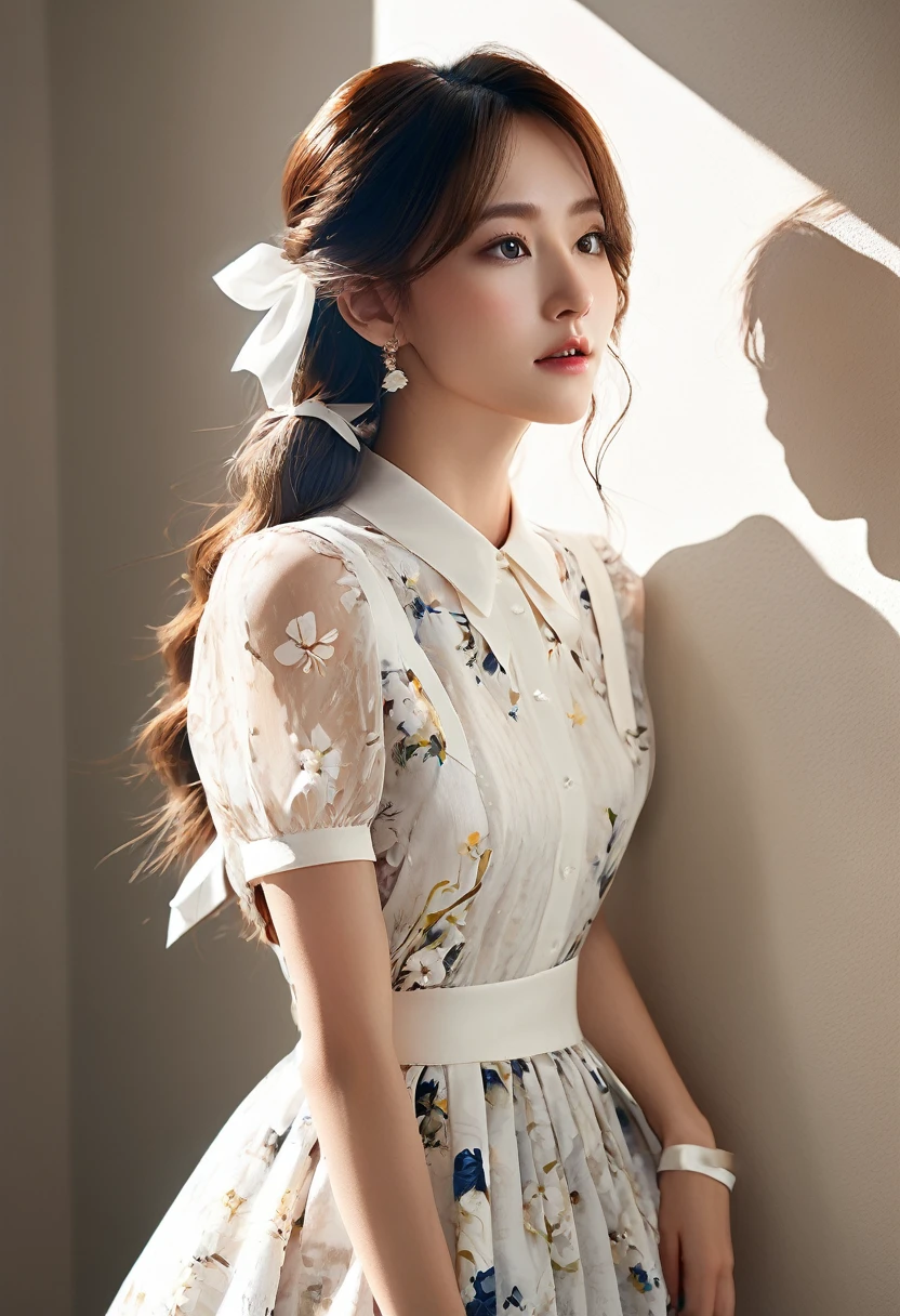 (masterpiece), (最high quality), (Very detailed), (Best Shadow), (photoRealistic:1.4), Frilled blouse, skirt, white ankle socks, (((((A long shot of a woman walking slowly))))), White floral dress, (Bright interior), (Soft Light), (Low contrast), (Shallow depth of field), (portrait of a beautiful woman illuminated by gentle light), (Very delicate and elegant depiction), (Short bangs), (Hair color is dark chestnut with a slight brown tinge), (Hair with subtle and gentle waves), (Small, intricate braids on the side of long hair), (Decorated with thin ribbons), ( White blouse with small frills), (bow tie), (青いロングskirt), (White short ankle socks), Cinema Lighting, One Girl, 16 years old, high quality, masterpiece, Very detailed, High resolution, 4K, 超High resolution, Detailed Shadows, Ultra-realistic, Dramatic lighting, One Girl, alone, Detailed face, Realistic eyes, Realistic Skin, Dynamic Hair, Dynamic pose, Dynamic Angle, White floral dress, White Background, Urzan-6500-v1.1, (RAW Photos:1.2), ( Realistic:1.4), Beautiful detailed girl, very detailed eyes and face, Beautiful attention to detail, Ridiculous, incredibly Ridiculous, Large file size, Very detailed,