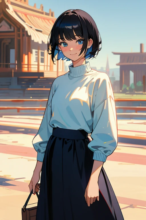 (masterpiece), ((software)), Highest quality, Expressive blue eyes, Perfect Face, , (One girl,, Young people, beautiful,), alone, Black short hair, Blue Eyes Blake (Fair skin,), Cowboy Shot, smile, Sweater Break, Long skirt break, Standing break, soft smile, :), in love, beautiful face, in love face, in love smile. Look away a little, Embarrassing