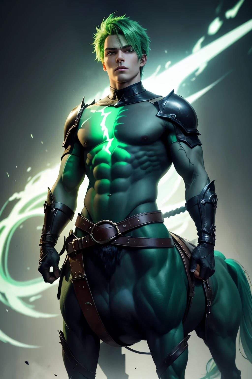 fix face, 1boy, male, teen, centaur, horse body, taur, centaur body, fused with horse, neon green hair, short hair, death knight