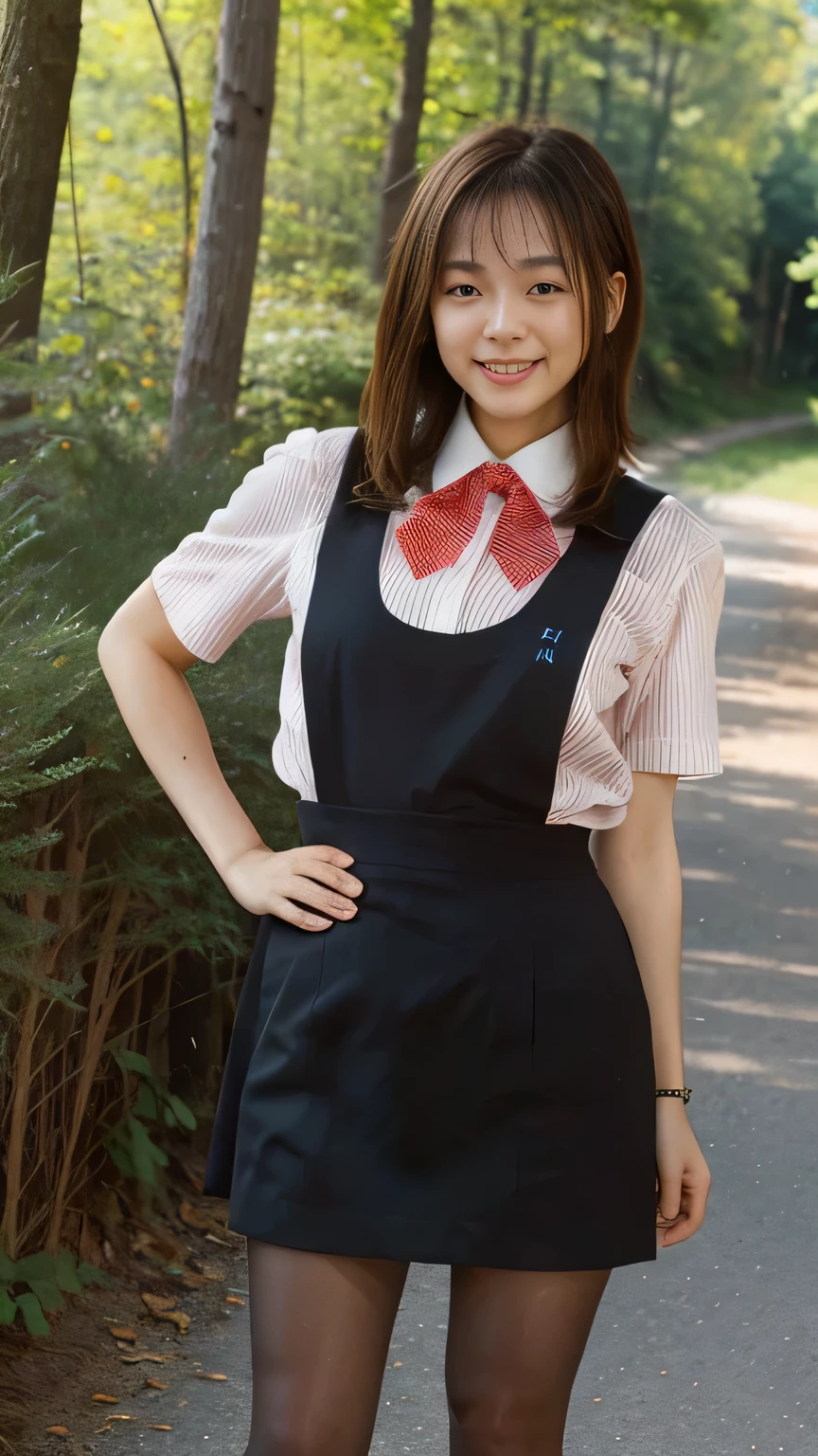 Highest quality、8k、masterpiece、Ultra-high resolution、Clear photos、Professional Lighting、Natural light、Realistic,、Highly detailed skin、Perfect Anatomy、(Beautiful Hands)、(Beautiful fingers)、One Woman、Age 25、Baby Face:1.8、Large Breasts、(Large areola)、Glamour、Bob Hair、Brown Hair、Beautiful Hair、smile、((((Star Uniform:1.1))))、((Black vest))、(Short sleeve shirt)、((Black tight mini skirt))、((Perfect Pantyhose:1.2))、((Black Pantyhose:1.1))、at the park、Sit on a bench、((((Sit with your legs wide apart))))、((White panties are visible under the pantyhose))