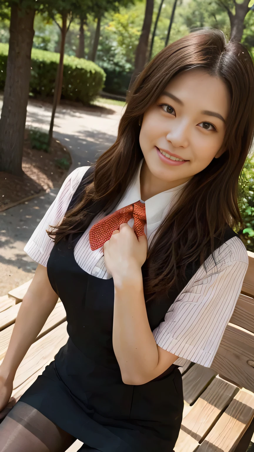 Highest quality、8k、masterpiece、Ultra-high resolution、Clear photos、Professional Lighting、Natural light、Realistic,、Highly detailed skin、Perfect Anatomy、(Beautiful Hands)、(Beautiful fingers)、One Woman、 25、Bab8、Large Breasts、(Large areola)、Glamour、Bob Hair、Brown Hair、Beautiful Hair、smile、Star Uniform、Black vest、Short-sleeved shirt、Black tight mini skirt、((Perfect Pantyhose:1.2))、((Black Pantyhose:1.1))、Plateau scenery、On the hiking trail、Sitting on a bench、Attractive pose