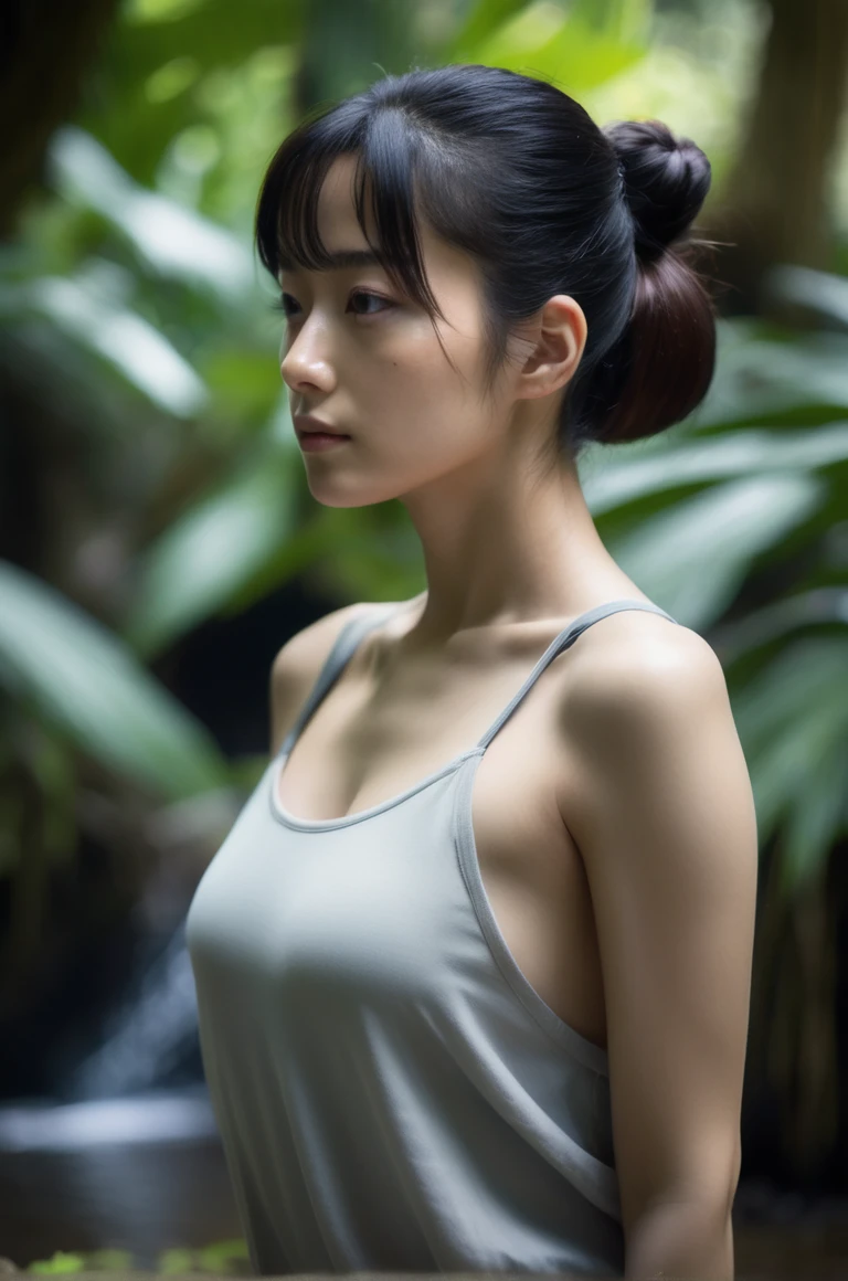 (masterpiece,最high quality, Ultra-realistic,32K,RAW Photos,Detail Skin, 8K Ultra HD, Digital SLR,high quality, Film Grain:1.5),
jpn-girl, Japanese Girls,
23, One girl, Woman in casual clothes, Blurred Background,
Hair Bun ,
Find your balance in a rainforest with a hidden lagoon ,
Put your arms behind your back