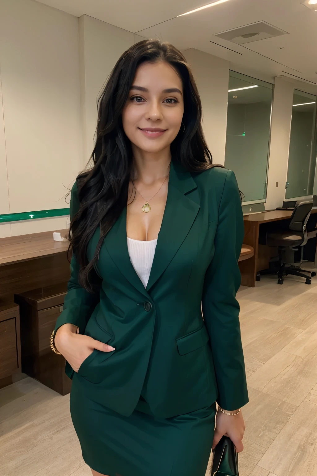 Photo of a mature woman with long, wavy black hair and smooth, soft skin. Her brown eyes sparkle when she smiles. Occasionally dressed in businesswoman-style clothing, including an emerald green blazer.