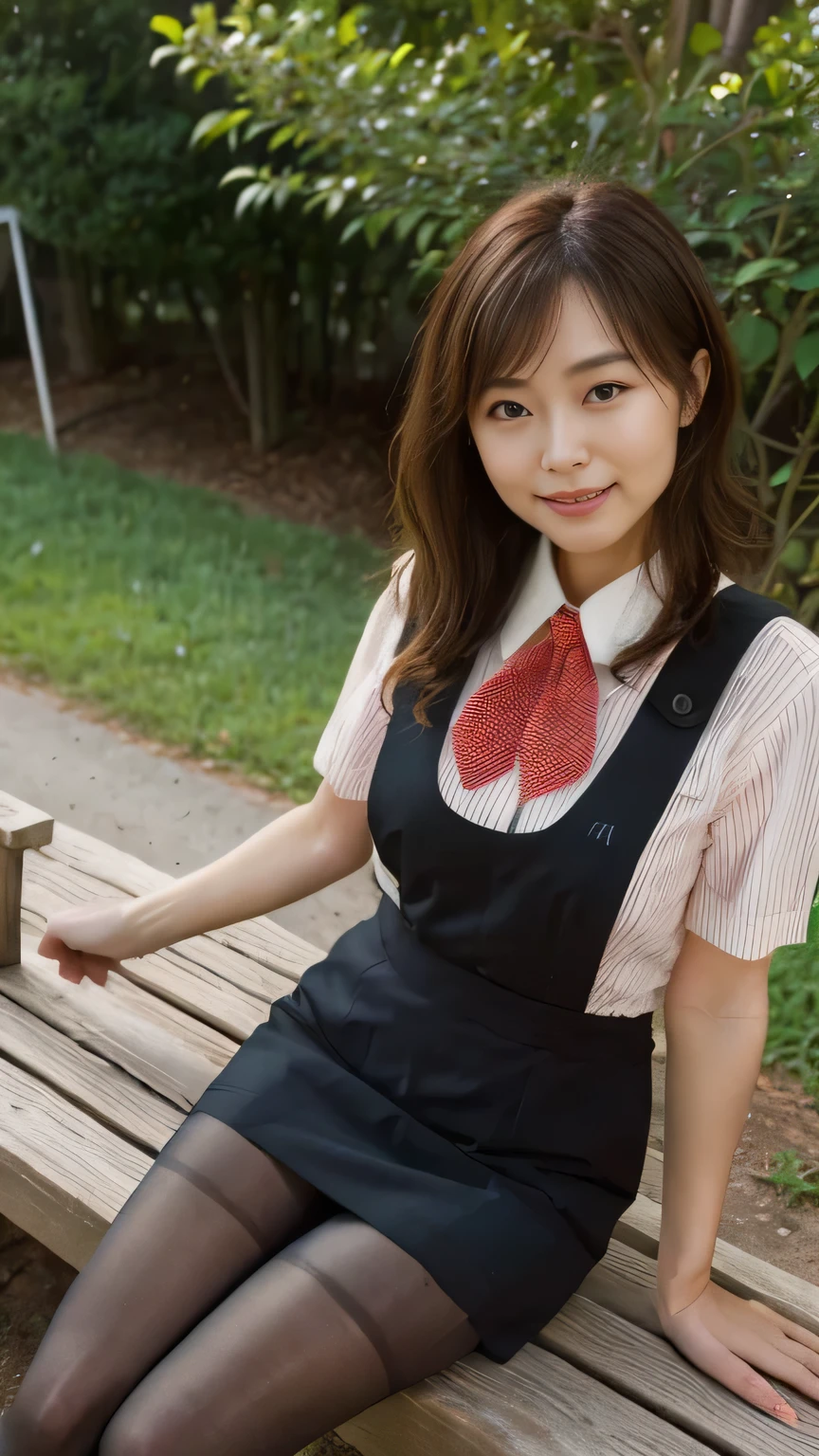 Highest quality、8k、masterpiece、Ultra-high resolution、Clear photos、Professional Lighting、Natural light、Realistic,、Highly detailed skin、Perfect Anatomy、(Beautiful Hands)、(Beautiful fingers)、One Woman、Age 25、Baby Face:1.8、Large Breasts、(Large areola)、Glamour、Bob Hair、Brown Hair、Beautiful Hair、smile、Star Uniform、Black vest、Short-sleeved shirt、Black tight mini skirt、((Perfect Pantyhose:1.2))、((Black Pantyhose:1.1))、Plateau scenery、On the hiking trail、Sitting on a bench、Attractive pose