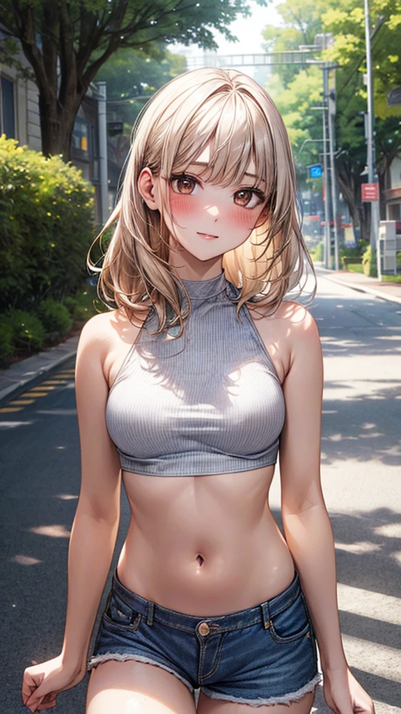 ((Highest quality, High resolution, masterpiece, detailed)),
Cowboy Shot, Written boundary depth, View your audience, Anatomically correct, 1people, woman, Perfect Face, Cute and symmetrical face, Shiny skin,
(Medium Hair, Platinum Blonde Hair), Chestnut brown eyes, (Large Breasts:0.8),
The finest details, Beautiful Hair, Beautiful Face, Beautiful body, Beautiful breasts, Beautiful belly button, Waistline, Beautiful thighs, Beautiful feet,
(Halter neck tops, Denim shorts), (Black visible panties),
(Beautiful views), summer, Tree-lined street, (blush),