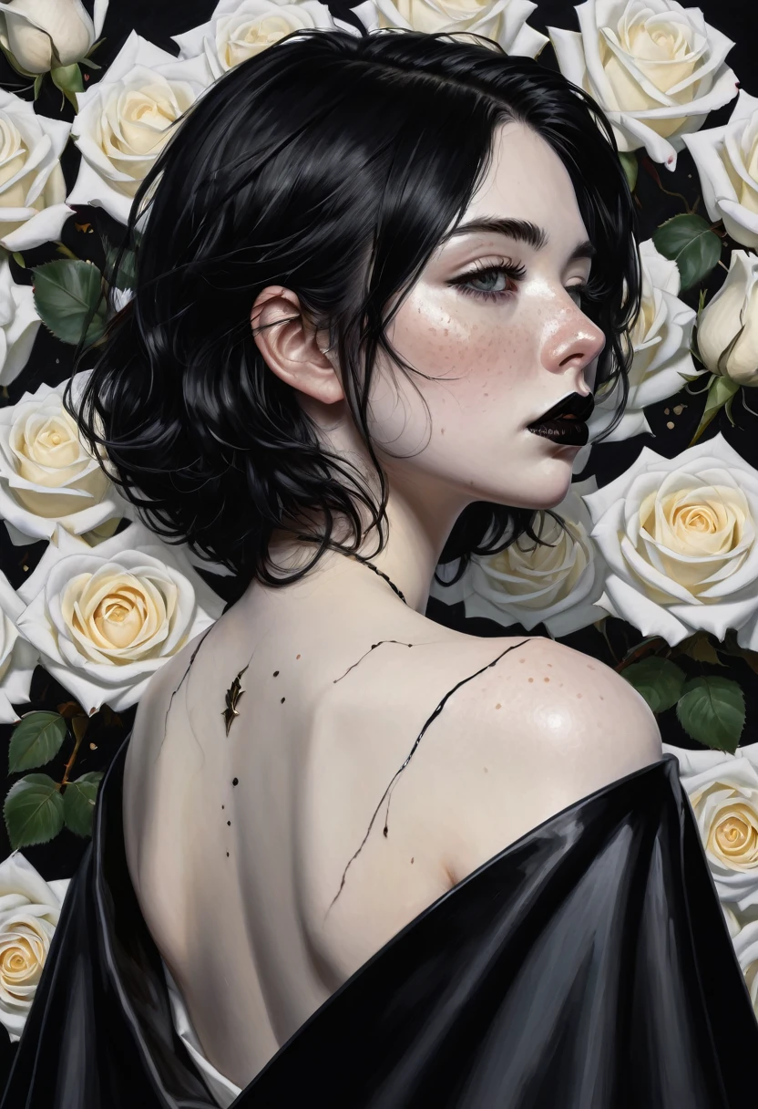 score_9, score_8_up, score_7_up, rating_explicit, photorealistic, painting, from the side, upper body, nude, eclipse behind head, border of white roses, black cloak wrapped around body, portrait, female, pale skin, smal tits freckles, messy short black hair over eyes, black lipstick, beauty mark, kojima ayami, castlevania, somber, melancholic, sad, noir