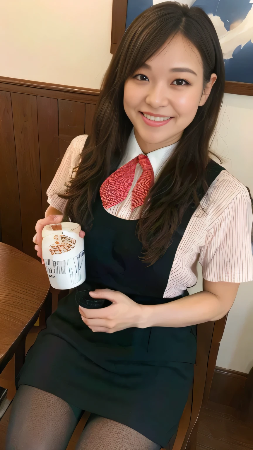 Highest quality、8k、masterpiece、Ultra-high resolution、Clear photos、Professional Lighting、Natural light、Realistic,、Highly detailed skin、Perfect Anatomy、(Beautiful Hands)、(Beautiful fingers)、One Woman、Age 25、Baby Face:1.8、Large Breasts、(Large areola)、Glamour、Bob Hair、Brown Hair、Beautiful Hair、smile、Star Uniform、Black vest、Short-sleeved shirt、Black tight mini skirt、((Perfect Pantyhose:1.2))、((Black Pantyhose:1.1))、At the cafe、Sitting on a chair drinking coffee