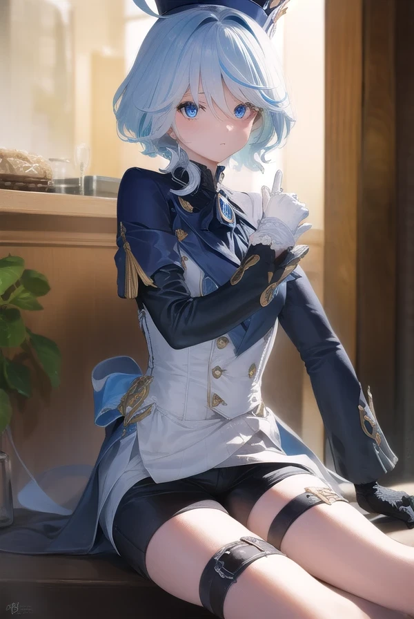 furina, furina, blue eyes, blue hair, cowlick, ahoge, hair over one eye, light blue hair, short hair,
BREAK asymmetrical gloves, black gloves, frills, gloves, half gloves, hat, shorts, tailcoat, thigh strap, top hat, white gloves, white shorts,
BREAK looking at viewer,
BREAK indoors,
BREAK (masterpiece:1.2), best quality, high resolution, unity 8k wallpaper, (illustration:0.8), (beautiful detailed eyes:1.6), extremely detailed face, perfect lighting, extremely detailed CG, (perfect hands, perfect anatomy),