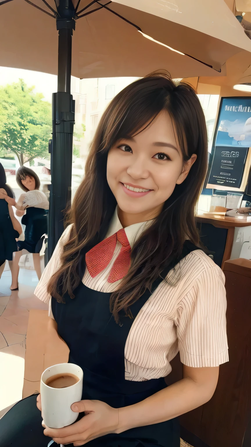 Highest quality、8k、masterpiece、Ultra-high resolution、Clear photos、Professional Lighting、Natural light、Realistic,、Highly detailed skin、Perfect Anatomy、(Beautiful Hands)、(Beautiful fingers)、One Woman、Age 25、Baby Face:1.8、Large Breasts、(Large areola)、Glamour、Bob Hair、Brown Hair、Beautiful Hair、smile、Star Uniform、Black vest、Short-sleeved shirt、Black tight mini skirt、((Perfect Pantyhose:1.2))、((Black Pantyhose:1.1))、At the cafe、Sitting on a chair drinking coffee