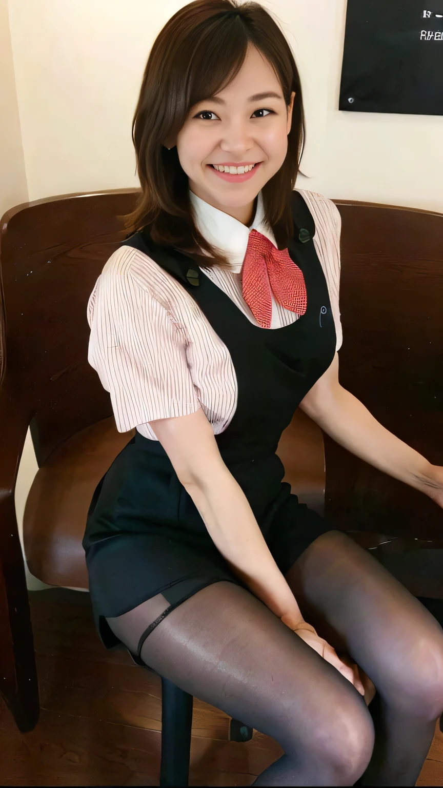 Highest quality、8k、masterpiece、Ultra-high resolution、Clear photos、Professional Lighting、Natural light、Realistic,、Highly detailed skin、Perfect Anatomy、(Beautiful Hands)、(Beautiful fingers)、One Woman、Age 25、Baby Face:1.8、Large Breasts、(Large areola)、Glamour、Bob Hair、Brown Hair、Beautiful Hair、smile、Star Uniform、Black vest、Short-sleeved shirt、Black tight mini skirt、((Perfect Pantyhose:1.2))、((Black Pantyhose:1.1))、At the cafe、Sitting on a chair drinking coffee
