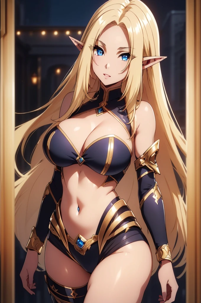 ((4k)),((masterpiece)),(best quality),((ultra detailed)), ((beautiful blurry background)), ((cinematic lighting)), depth of field, (dynamic angle),((beautiful detailed eyes), ((dynamic pose)), pretty face, large , ((cleavage)), black bikini,best quality, masterpiece, 1girl, raytracing, ultra detailed,detailed face, 8k wallpaper, (wide hips:1.2), AlphaNDV, 1girl, blonde hair, blue eyes, very long hair, elf, pointy ears,