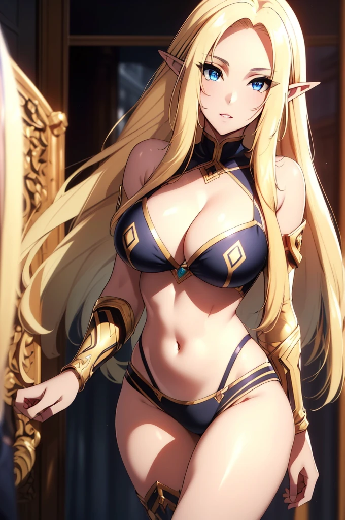 ((4k)),((masterpiece)),(best quality),((ultra detailed)), ((beautiful blurry background)), ((cinematic lighting)), depth of field, (dynamic angle),((beautiful detailed eyes), ((dynamic pose)), pretty face, large , ((cleavage)), black bikini,best quality, masterpiece, 1girl, raytracing, ultra detailed,detailed face, 8k wallpaper, (wide hips:1.2), AlphaNDV, 1girl, blonde hair, blue eyes,  very long hair, elf, pointy ears,