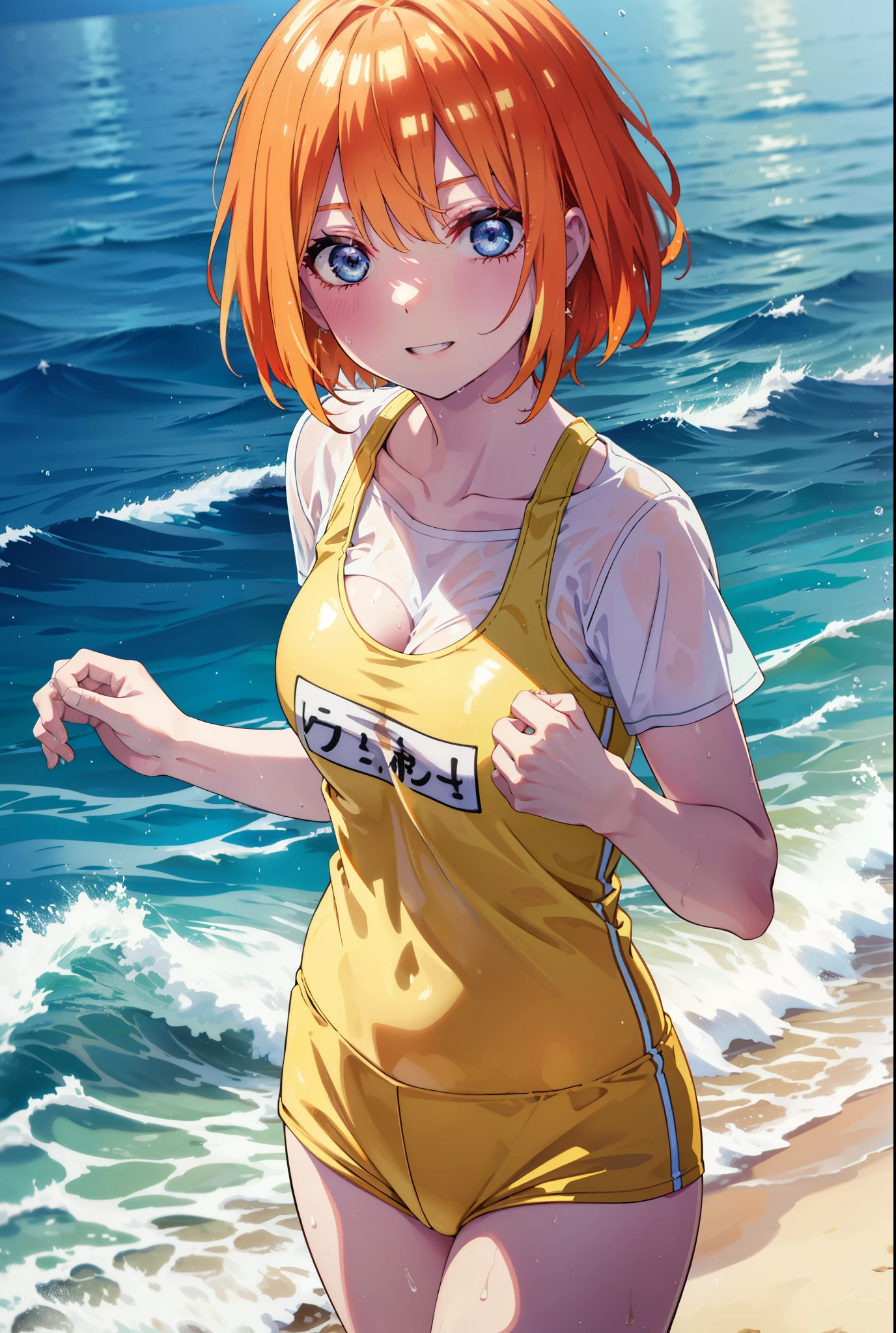 Yotsubanakano, Fourth floor Nakano, bangs, short hair, blue eyes, Hair between the eyes, Orange Hair, smile, Grin,Green T-shirt,Short sleeve,Yellow bikini swimsuit,barefoot,Wet swimsuit,Wet clothes,Wet Skin,Wet Hair,whole bodyがイラストに入るように,
break outdoors,Ocean,Beach,
break looking at viewer,whole body, (Cowboy Shot:1.5),
break (masterpiece:1.2), Highest quality, High resolution, unity 8k wallpaper, (figure:0.8), (Beautiful attention to detail:1.6), Highly detailed face, Perfect lighting, Highly detailed CG, (Perfect hands, Perfect Anatomy),