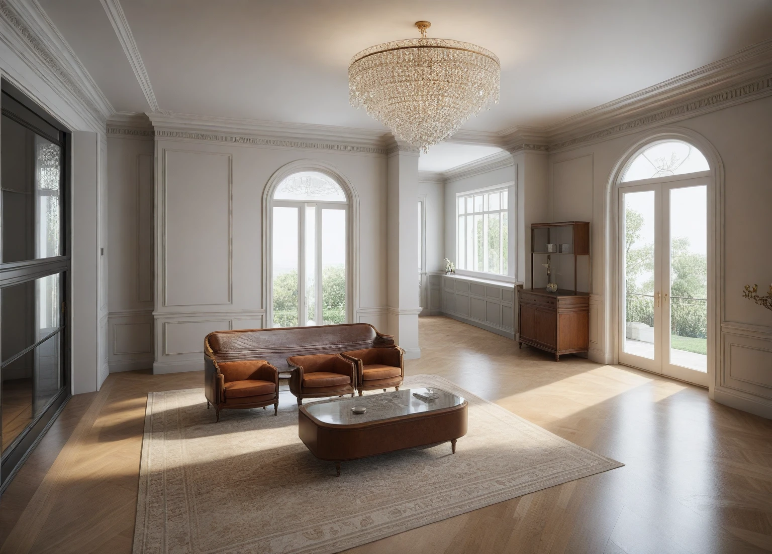 RAW photo, masterpiece, a view of a ( LIVING ROOM :1.3) with a couch, chairs, and a chandelier, highly detailed interior, neo - classical style, neoclassical style, neoclassicism style, interior architect architectural visualization, neoclassical style, in style of classicism, white light sun, rendered in vray, rendered in v-ray, rendered in unreal engine 3d, (photorealistic:1.2), (photorealistic:1.5), best quality, ultra high res, architechture, (leather sofa detail:1.5), neoclassic house, (detailed railing neoclassic:1.5), luxury neoclassical villa, (mable floor details:1.5), (detailed neoclassical carpet:1.5), in the style of neoclassical scene, glass windows, best quality, (Intricate lines:1.5), ((Photorealism:1.5)),(((hyper detail:1.5))), archdaily, award winning design, (dynamic light:1.3), (day light:1.2), (perfect light:1.3), (shimering light :1.4), refection glass windows, (curved line architecture arch:1.2), photorealistic, FKAA, TXAA, RTX, SSAO, Post Processing, Post-Production, CGI, VFX, SFX, Full color,((Unreal Engine 5)), Canon EOS R5 Camera + Lens RF 45MP full-frame CMOS sensor, HDR, Realistic, Cinematic intricate detail, extreme detail, science, hyper-detail, FKAA, super detail, super realistic, crazy detail, intricate detail, nice color grading, reflected light on glass, eye-catching wall lights, unreal engine 5, octane render, cinematic, trending on artstation, High-fidelity, Viwvid, Crisp, Sharp, Bright, Stunning, ((Lifelike)), Natural, ((Eye-catching)), Illuminating, Flawless, High-quality,Sharp edge rendering, medium soft lighting, photographic render, detailed archviz, ((( bright  Tone : 1.7))), (( BRIGHT NATURAL doussie wood  ))