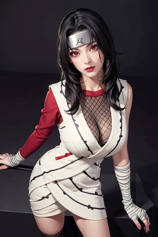 （（（Perfect figure，figure，forehead protector，bandaged hand，konohagakure symbol，fishnets，Red single sleeve，White striped clothes，（（（Kurenai Yuhi, black hair, red eyes,  long hair,makeup，red eyes，lipstick，）））型figure:1.7））），((masterpiece)),high resolution, ((Best quality at best))，masterpiece，quality，Best quality，（（（ Exquisite facial features，looking at the audience,There is light in the eyes，Happy，nterlacing of light and shadow，huge boobs））），Big Breasts,（（（looking into camera，black background，looking at viewer
standing
from above）））