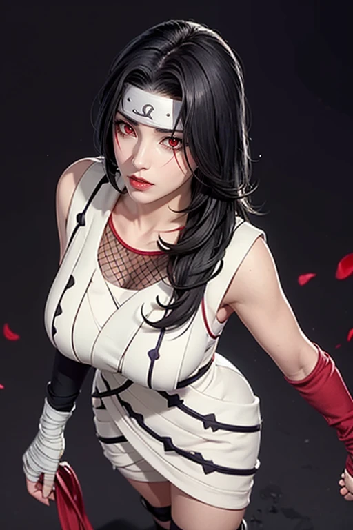 （（（Perfect figure，figure，forehead protector，bandaged hand，konohagakure symbol，fishnets，Red single sleeve，White striped clothes，（（（Kurenai Yuhi, black hair, red eyes,  long hair,makeup，red eyes，lipstick，）））型figure:1.7））），((masterpiece)),high resolution, ((Best quality at best))，masterpiece，quality，Best quality，（（（ Exquisite facial features，looking at the audience,There is light in the eyes，Happy，***********nterlacing of light and shadow，huge boobs））），Big Breasts,（（（looking into camera，black background，looking at viewer
standing
from above）））