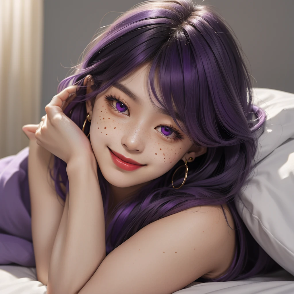 1 Girl, 19 years old, south korean, 4k, masterpiece, realistic, long whavy black hair with bangs, purple inner color hair, shining purple pupils, shining red lips, freckles, red eyeliners, golden hoop earings, naked, covered by a purple blanket, freckles, big smug smile, head laying on hand, laying in bed, closed mouth, bright colors, blurry background, portrait, face focus, birds eye view.