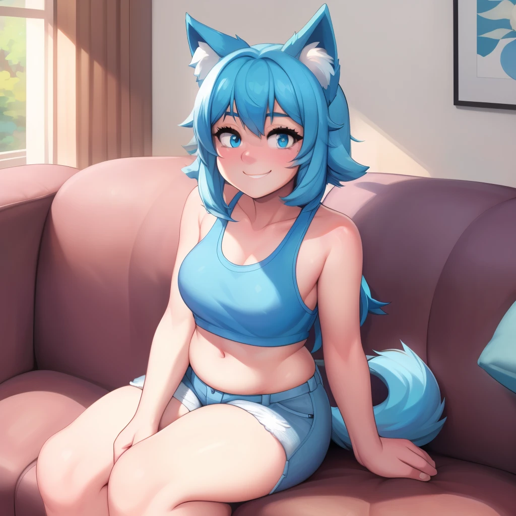 (Masterpiece) (High Detail) (High Res) A close up of A Short Humanoid Girl with pale human skin and blue eyes and long blue hair and blue dog ears and a fluffy blue dog tail and medium breasts. She is sitting on a sofa and is wearing a white tank top and short jeans. She looks happy.